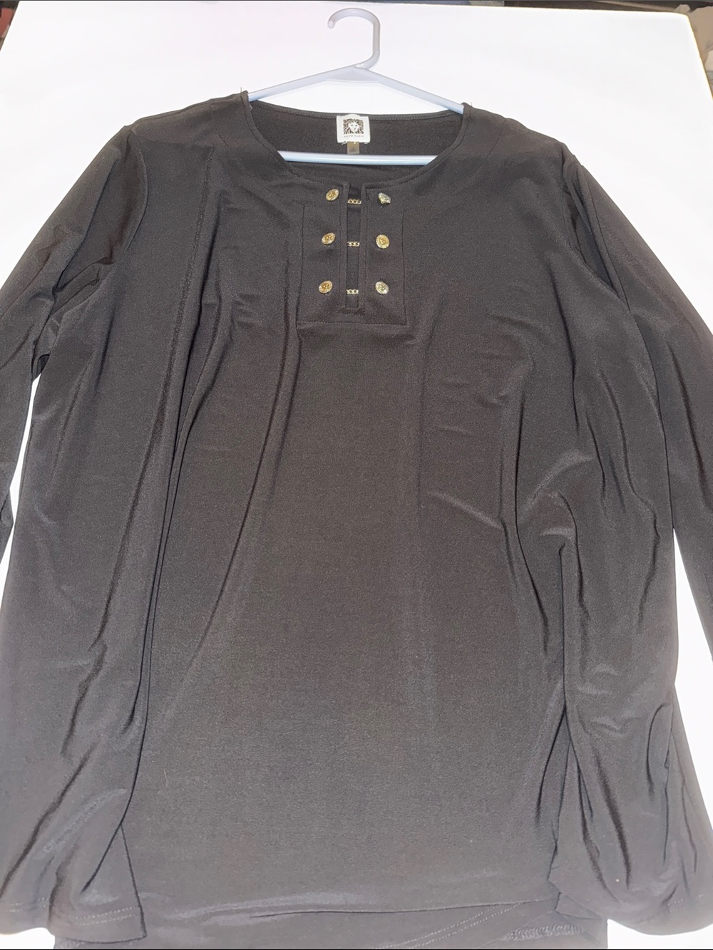 Anne Klein Black Long Sleeve Top with Gold-Tone Button Placket
